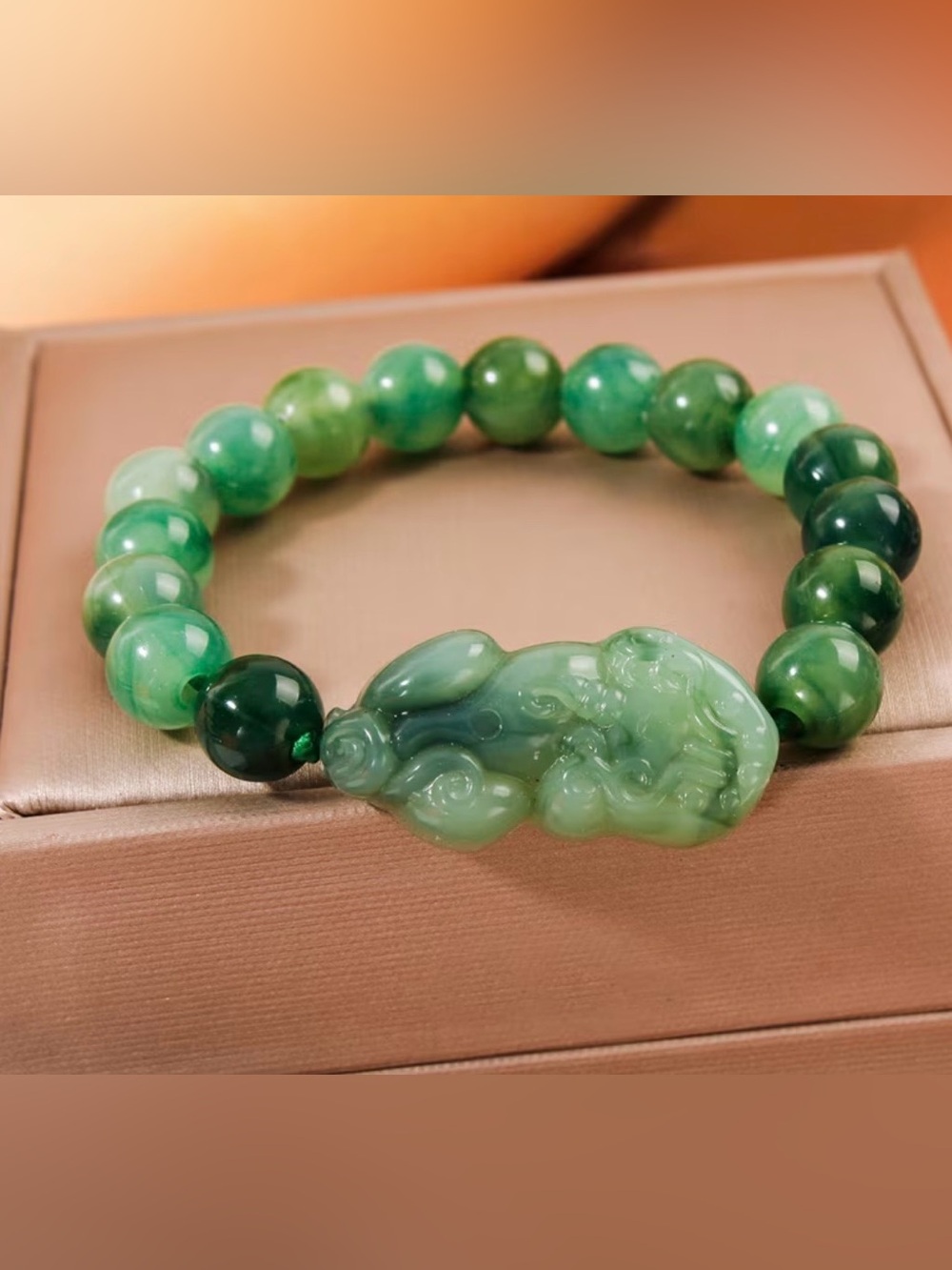 Green Jade Pixiu Feng Shui Beaded Stretch Bracelet NWT